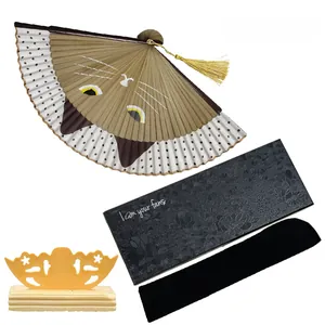 Japanese style hand fan set with cat face pattern, black gift box and wooden display stand