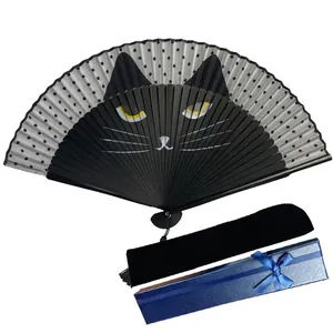 Japanese style black cat folding fan set with velvet pouch and blue gift box packaging