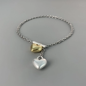 Retro gold and silver heart pendants necklace with chunky chain and toggle OT clasp