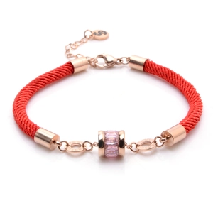 Couples red woven rope bracelet with rose gold titanium steel and pink zircon