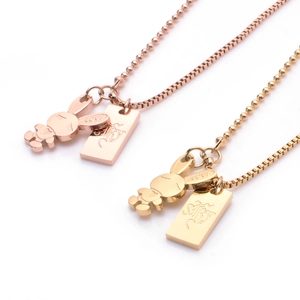 18K gold plated rabbit and square tag pendants on box chain stainless steel necklace