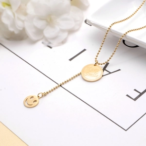 Golden smiley face and Keep Smile disk pendant necklace with stylish ball chain for women