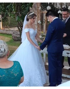 Lace embroidery off-shoulder ball gown wedding dress with long train and blue suit
