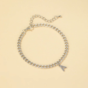 Bracelet de cheville gourmette argenté avec pendentif lettre A serti de strass brillants