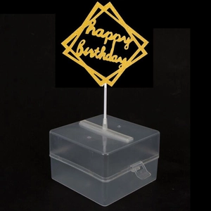 Transparent plastic cake money box with gold Happy Birthday glitter topper set