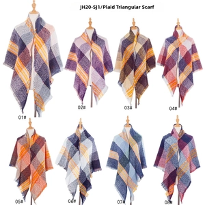 Plaid knitted triangle scarf available in 8 color variants including blue, red and orange