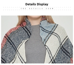 Close-up of thick checkered knit scarf showing soft plush texture and woven blue red grid