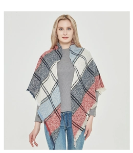 Detail of multi-color plaid scarf with tassels and soft thick textured fabric
