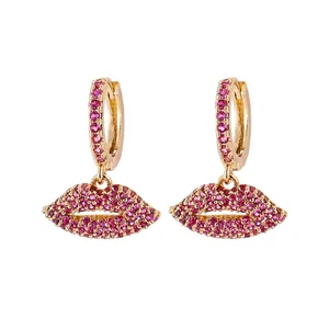 Sexy Lip Dangle Earrings Copper 18K Gold Plated Cubic Zirconia Pave Hoop Jewelry For Women Personalized Fashion