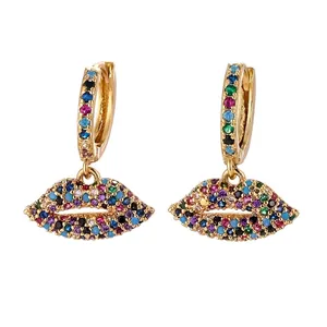 Elegant gold lip-shaped drop earrings featuring multicolor pave-set cubic zirconia stones