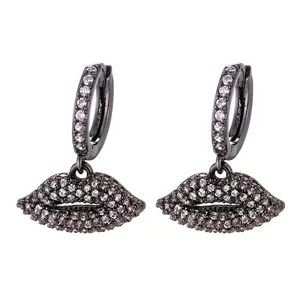 Sparkling crystal red lip drop earrings in gunmetal finish with white and brown zircon