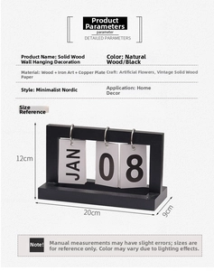 Detailed view of black wooden flip calendar dimensions 20x12x9cm for desk decor