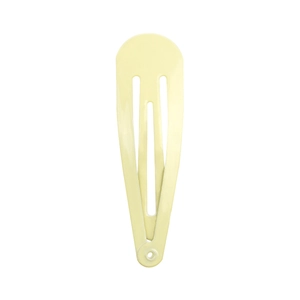 Macro detail of a 5cm yellow matte metal snap hair clip with a teardrop design