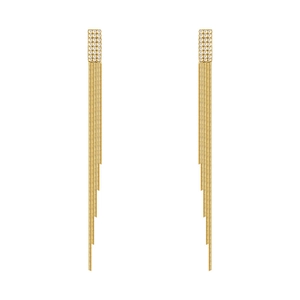 Eleganti orecchini a nappa geometrici dorati con cristalli lucidi su sfondo bianco