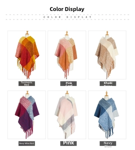 Detail view of colorful plaid poncho capes with fringed edges in six different patterns