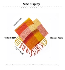 Size display detail of plaid poncho showing measurements for shoulder and hem with fringe