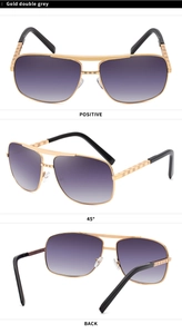 Three perspectives of gold pilot sunglasses with grey gradient lenses and textured temples
