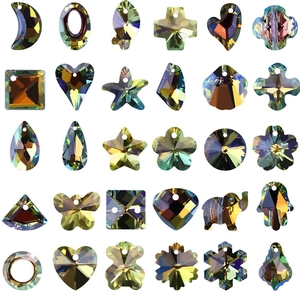 Various AB iridescent crystal glass pendants in moon, heart, and star shapes for jewelry making