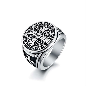Vintage silver and black Saint Benedict Medal ring for men in stainless steel finish