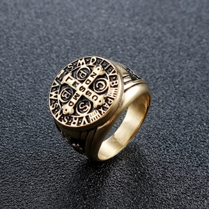 Vintage gold Saint Benedict Medal punk ring with intricate cross and religious engraving