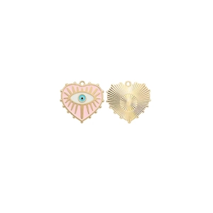 Pink heart enamel charm with evil eye pattern and gold-tone sunburst textured back