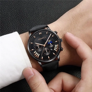 Men's black leather watch with golden hands, chronograph dials, and moon phase display