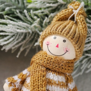 Handcrafted wooden snowman doll with yellow knit hat and scarf for Christmas tree decor