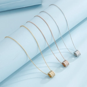 Three-color titanium steel necklaces with sparkling zircon-encrusted cylinder pendants