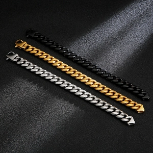 Titanium steel cuban link bracelets in silver, gold, and black with lobster clasp