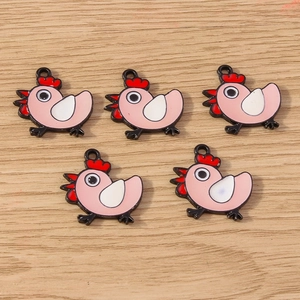 5pcs pink enamel rooster charms for DIY jewelry making earrings and necklaces
