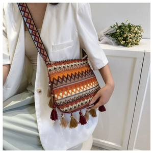 Bohemian woven crossbody bag with geometric patterns and fringe detail on white suit model