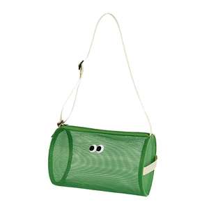Green mesh beach toiletry bag with eyes patch and adjustable white strap for travel
