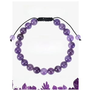 Detail of amethyst beaded bracelet with adjustable black woven rope on a display card