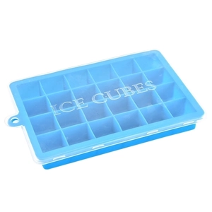 Blue silicone 24-grid ice cube tray with transparent lid and square mold design