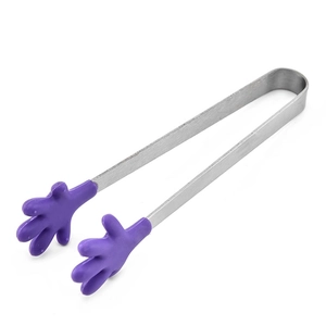 Mini stainless steel food tongs with purple silicone hand-shaped tips for kitchen use