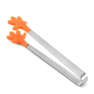 Mini stainless steel food tongs with orange palm-shaped silicone tips for ice and snacks