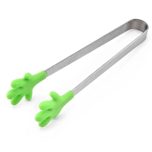 Green palm-shaped silicone food clip with stainless steel handle on white background