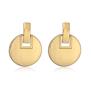 Polished golden geometric earrings featuring round and rectangular metal drop pendants