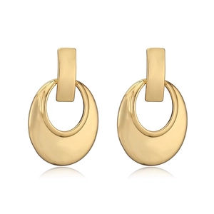 Modern 18K gold geometric earrings featuring minimalist rectangular and circular shapes
