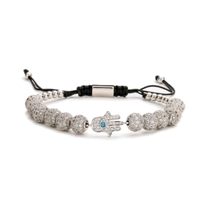 Adjustable silver Hamsa Hand beaded bracelet with blue zircon and black woven cord