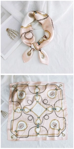 Detailed view of square silk scarf featuring golden chain print and elegant pink border