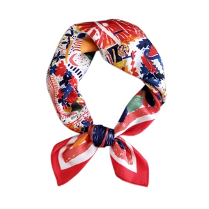 Elegant 53cm red silk square scarf featuring vibrant colorful abstract floral patterns