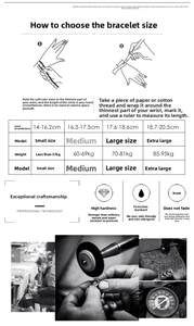 Size guide for punk bike chain bracelet showing wrist measurement and fit recommendations