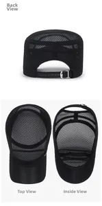 Detailed views of black mesh flat top cap with adjustable silver metal buckle