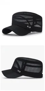 Detail of black breathable mesh flat top cap with metallic S-P logo and curved brim