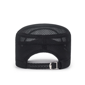 Black mesh flat top military cap with adjustable silver metal buckle and breathable design