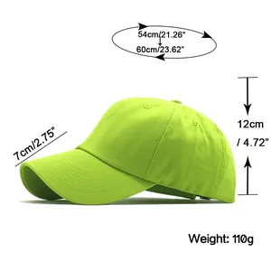 Detailed size chart for cotton baseball cap showing brim length and head circumference