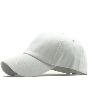 Close-up of white cotton baseball cap showing six-panel stitch and curved brim detail