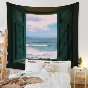 Bohemian wall tapestry with ocean window view for aesthetic bedroom room decor