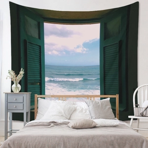 Detailed fabric texture of a Mediterranean sea view tapestry with vintage green shutters